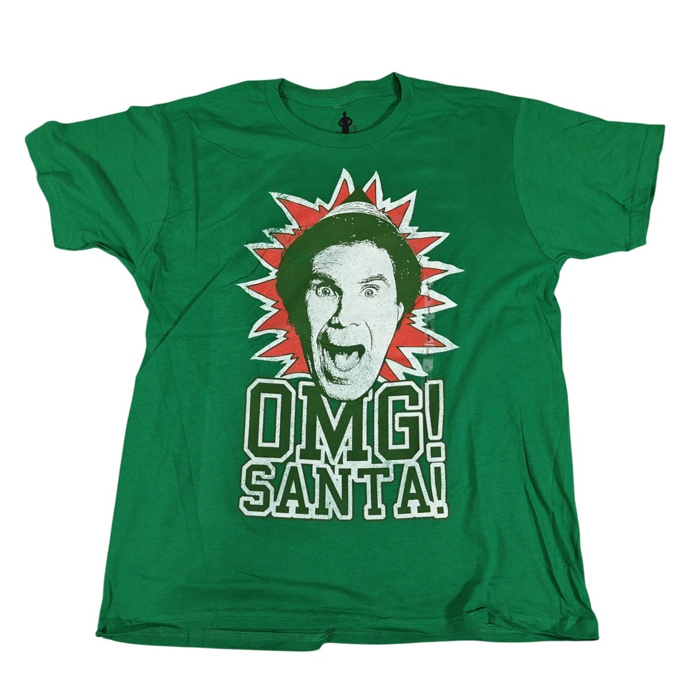 Elf Movie Buddy OMG SANTA Green Graphic T-Shirt Mens Large Will Ferrell Holiday